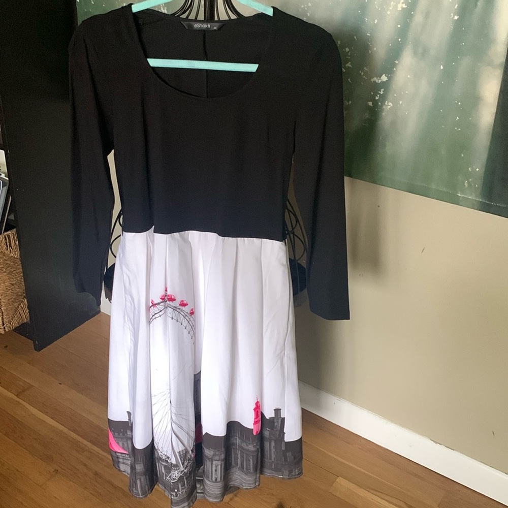 eShakti Black and White Long Sleeve Dress with Pink Highlights